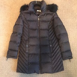 Dark gray long puffer jacket with removable hood
